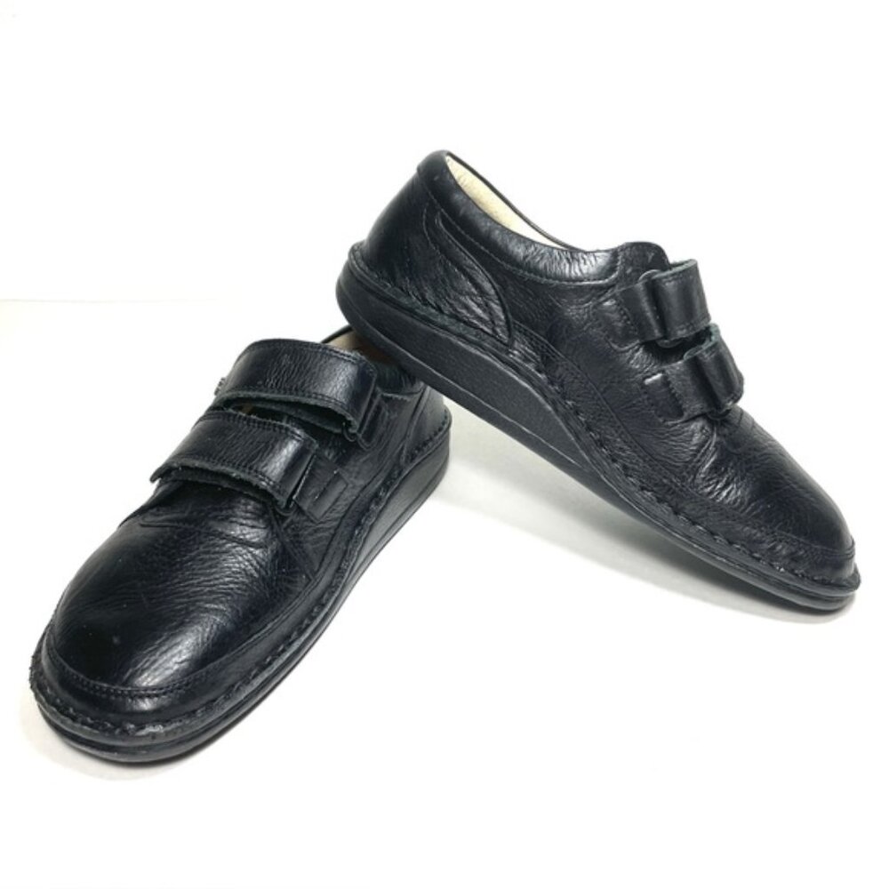 Finn Comfort Leather Slip On Hook  Loop Black Shoes